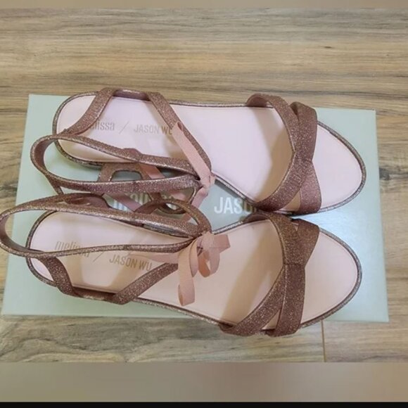 NIB Melissa x Jason Wu Ophelia bow strappy flat Sandal pink glitter size 8 8.5 - Picture 3 of 4
